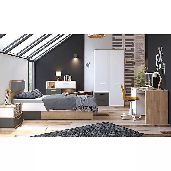Jugendzimmer Komplett Set TOMAR-129 mit Bett 90x200cm in Eiche Nb. mit weiß günstig online kaufen