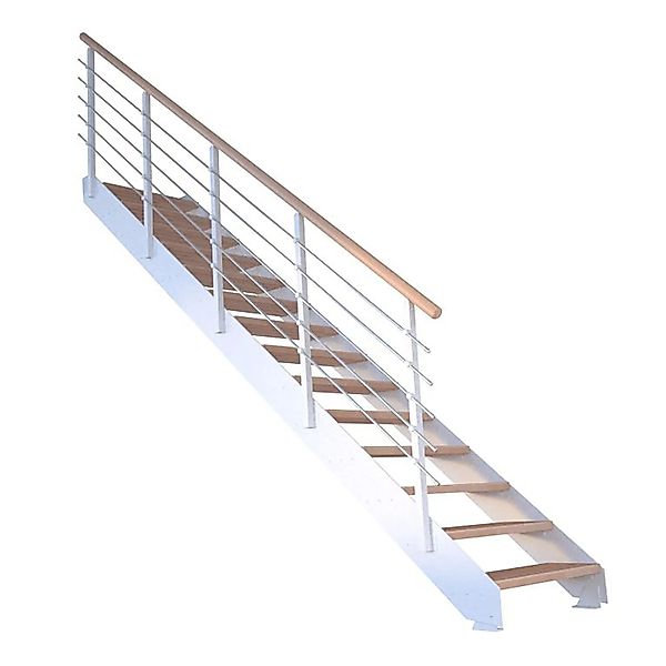 Treppe Kos 15 Stufen Buche Natur 85 cm Metallgeländer Weiß FSC® günstig online kaufen