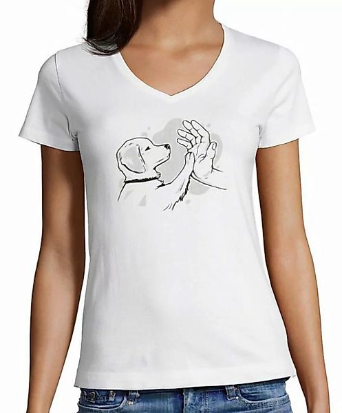 MyDesign24 T-Shirt Damen Hunde Print Shirt - Hundewelpen gibt high five V-A günstig online kaufen