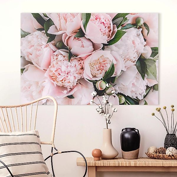 Leinwandbild Blumen - Querformat Rosa Pfingstrosen mit Blättern günstig online kaufen