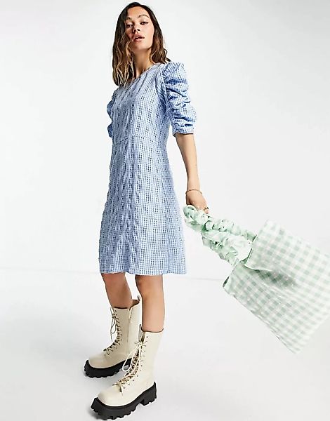 Only – Strukturiertes Minikleid mit gerafften Ärmeln in Blau kariert-Mehrfa günstig online kaufen