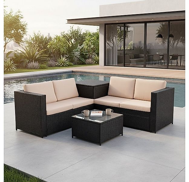 Melko Gartenlounge-Set Rattanlounge + Tisch und Kissenbox Garten Sofa Loung günstig online kaufen
