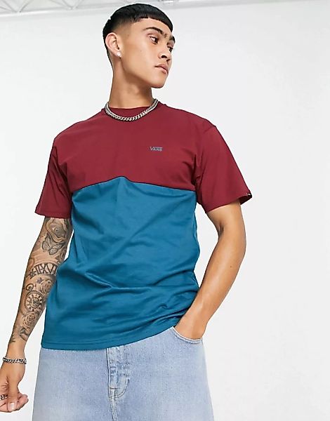 Vans – T-Shirt mit Colourblock-Design in Weinrot/Blau günstig online kaufen