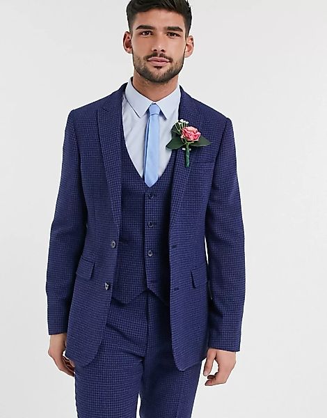 ASOS DESIGN – Wedding – Enge Anzugjacke aus blauer Wollmischung mit Hahnent günstig online kaufen