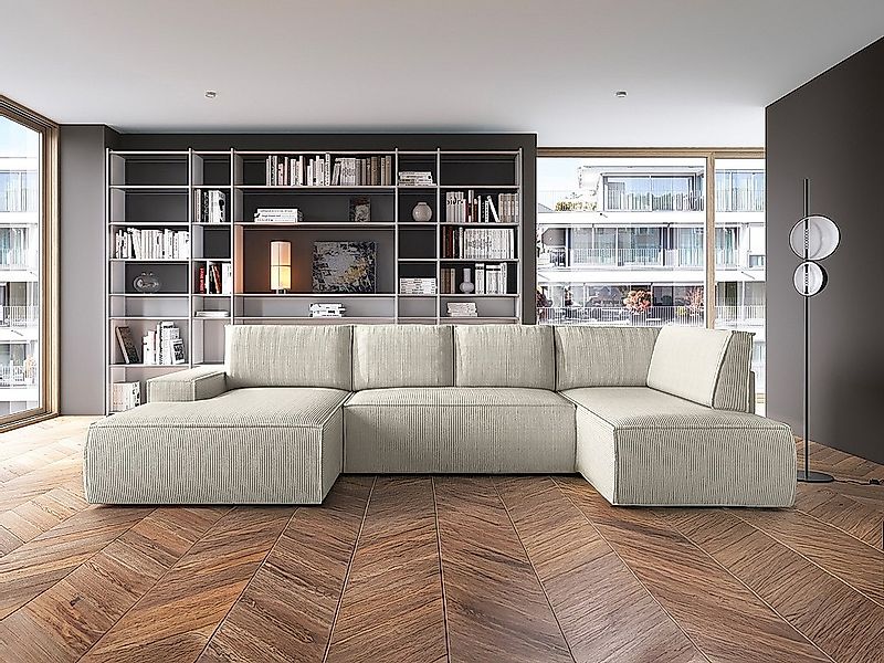 Große Wohnlandschaft - Ecke links - Mit Schlaffunktion - Cord - Beige - AME günstig online kaufen