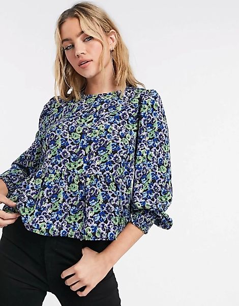 New Look – Bluse mit Schößchen und Blumenprint in Blau günstig online kaufen