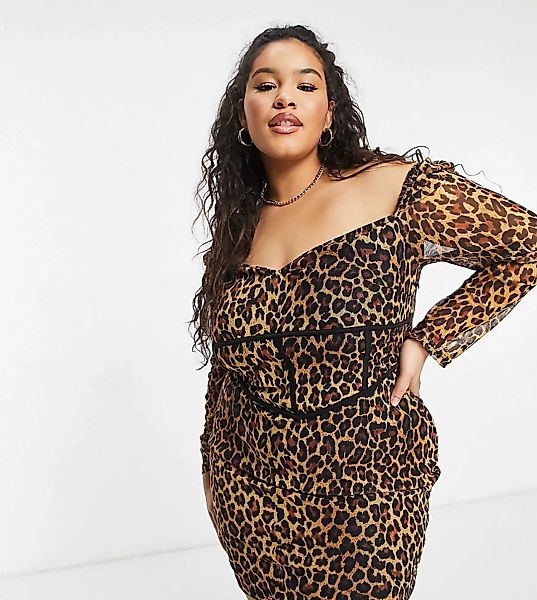 NaaNaa Plus – Bodycon-Kleid aus Netzstoff mit Leoparden-Print-Braun günstig online kaufen