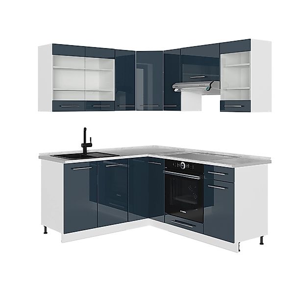 Vicco Fame-Line Küchenschränke Dunkelblau Hochglanz/Weiß 160 x 190 cm AP Ma günstig online kaufen