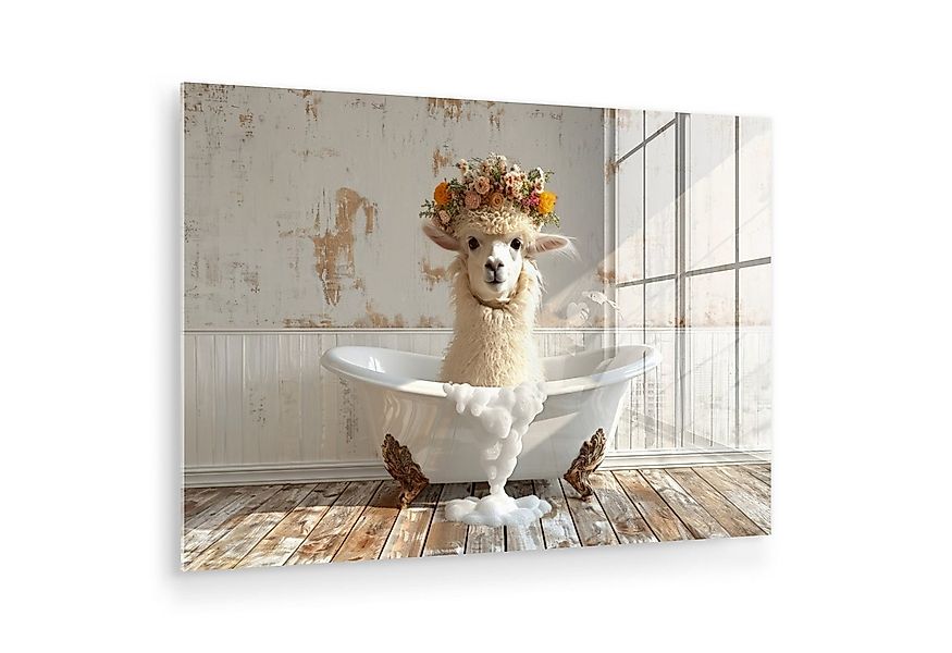 MuchoWow Acrylglasbild Vintage - Alpaka - Badewanne - Blumen - Tiere, Inkl. günstig online kaufen