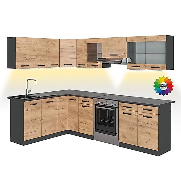 Vicco Rick Eckküche Anthrazit/Goldkraft Eiche 267 x 167 cm AP Schwarz mit L günstig online kaufen