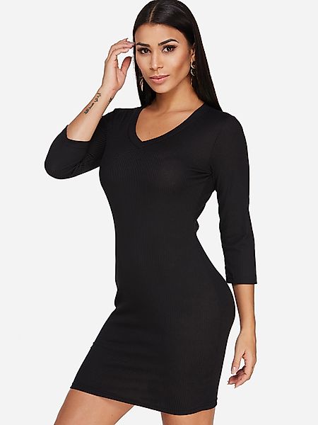 Black Plain V-Ausschnitt 3/4 Länge Ärmel Bodycon Hem Kleid günstig online kaufen