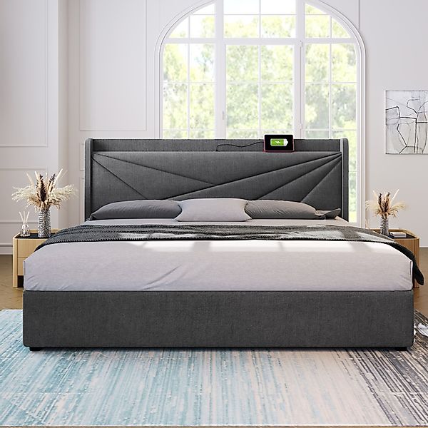 Doppelbett, mit Stauraum und USB-Typ-C-Ladefunktion, Staubdichter Stoff, Le günstig online kaufen