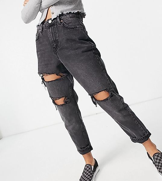 Topshop Petite – Mom-Jeans mit Rissen in verwaschenem Schwarz günstig online kaufen