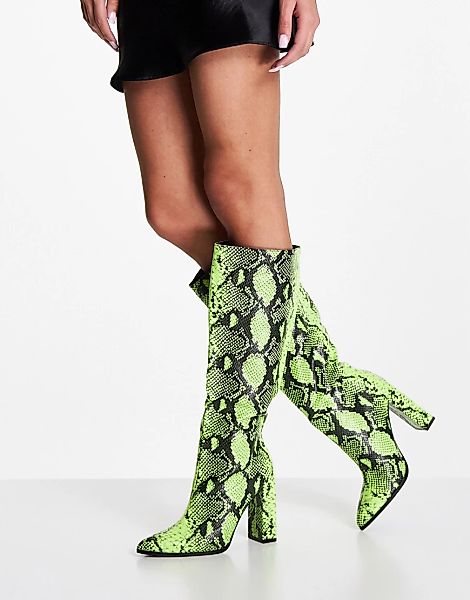 Public Desire – Posie – Kniehohe Stiefel mit Absatz in Limettengrün mit Sch günstig online kaufen