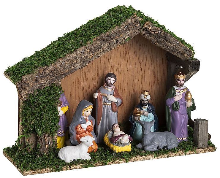 Dekoleidenschaft Krippe aus Holz, Weihnachtskrippe, Holzkrippe mit Moos + 8 günstig online kaufen