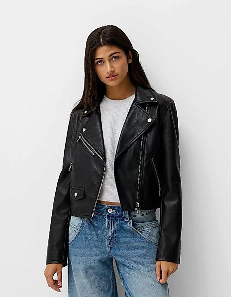 Bershka Bikerjacke Aus Kunstleder Damen Xs Schwarz günstig online kaufen