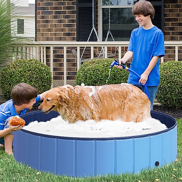 PawHut Hundepool großes Schwimmbad für Hunde Planschbecken aus PVC Holz Bla günstig online kaufen
