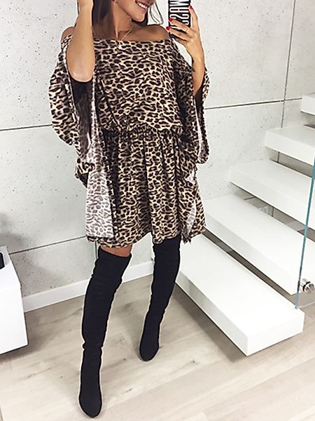 Schulterfrei Leopard Langarm Mini Kleid günstig online kaufen