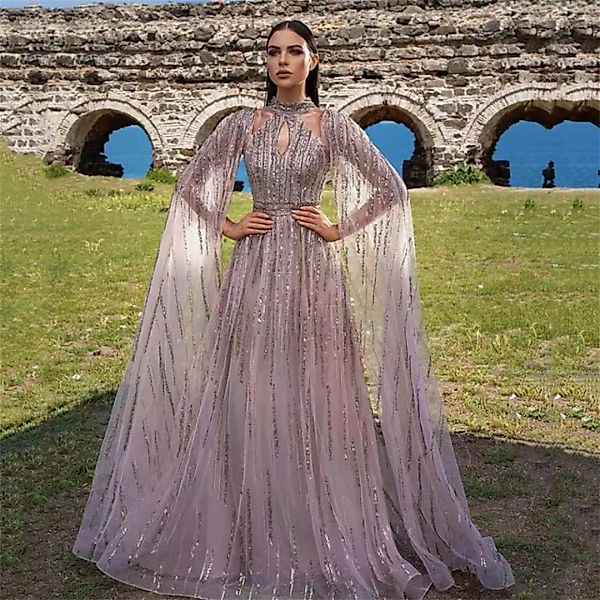 RUZU UG Dirndl Elegantes Mesh-Kleid mit langem Rock und Pailletten-Abendkle günstig online kaufen