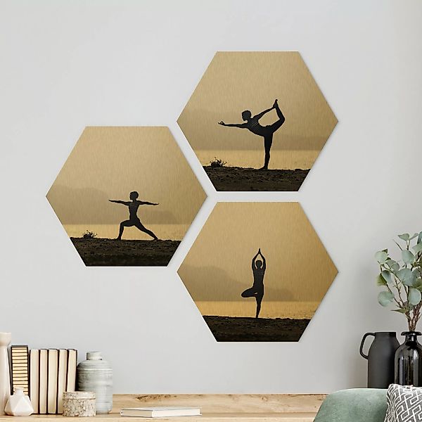 3-teiliges Hexagon-Alu-Dibond Bild Yoga Trio günstig online kaufen