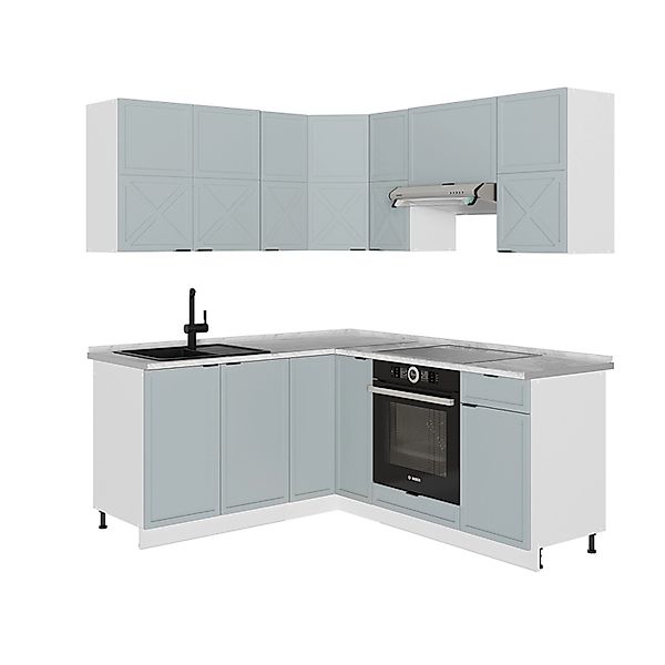 Vicco Fame-Line Eckküche Hellblau-grau/Weiß 160 x 60 cm ohne Arbeitsplatte günstig online kaufen