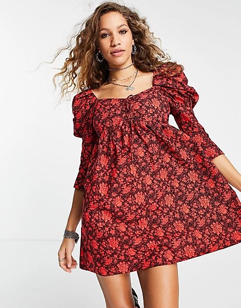 Topshop – Minikleid in Rot mit voluminösen Ärmeln und Blumenmuster günstig online kaufen