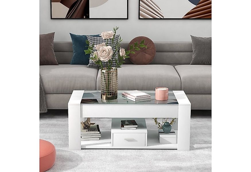 Merax Couchtisch, mit Glastischplatte und Schubladen, Wohnzimmertisch, Kaff günstig online kaufen