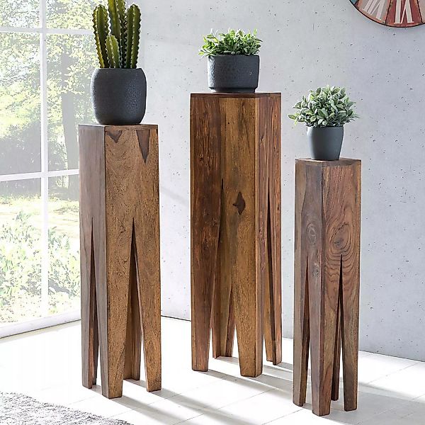Beistelltisch 3er Set Massivholz Sheesham Wohnzimmer-Tisch Design Säulen La günstig online kaufen
