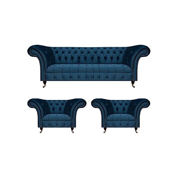 JVmoebel Chesterfield-Sofa Luxus Blau Sofas Set 3tlg Sofagarnitur Sessel Wo günstig online kaufen