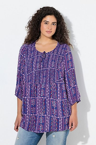 Ulla Popken Longbluse Smokbluse gemustert Rundhals 3/4-Arm Krepp günstig online kaufen