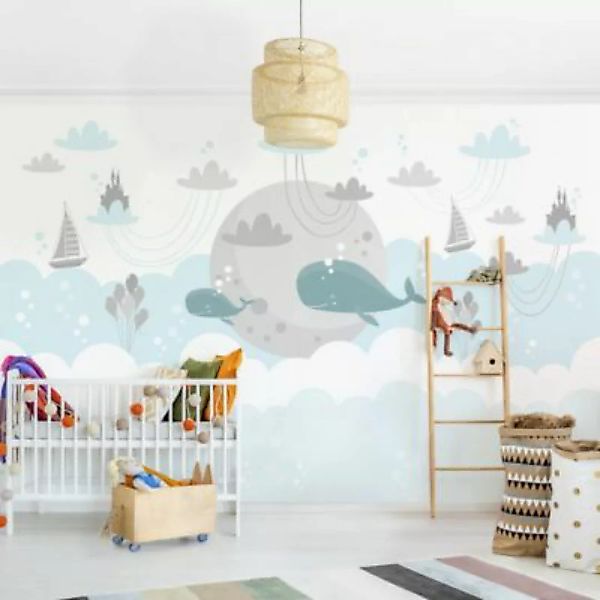 Bilderwelten Kindertapete Wolken mit Wal und Schloss weiß Gr. 336 x 225 günstig online kaufen