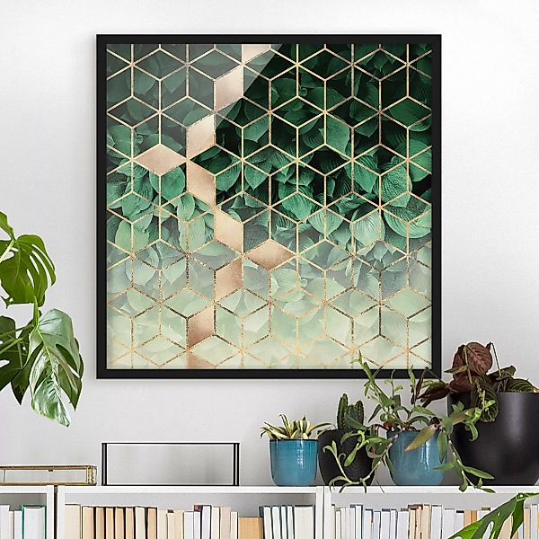 Bild mit Rahmen - Quadrat Grüne Blätter goldene Geometrie günstig online kaufen