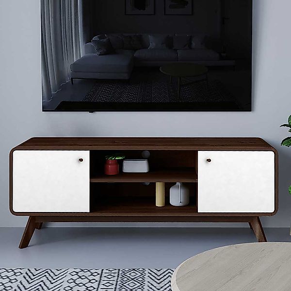 TV Unterschrank in Weiß und Walnussfarben Skandi Design günstig online kaufen