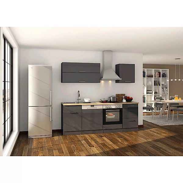 Held Möbel Küchenzeile Mailand 220 cm Grau Hochglanz-Grau Matt mit E-Geräte günstig online kaufen