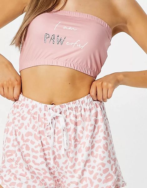 Loungeable – Kurzes Pyjamaset mit trägerlosem Oberteil und rosa Leopardenmu günstig online kaufen