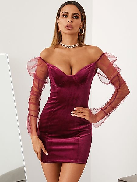 YOINS Velvet V-Ausschnitt Patch Mesh Mini Kleid günstig online kaufen
