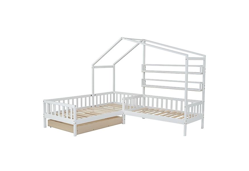 Flieks Kinderbett (1-tlg), Massivholz L-Struktur Hausbett 90x200cm+70x140cm günstig online kaufen