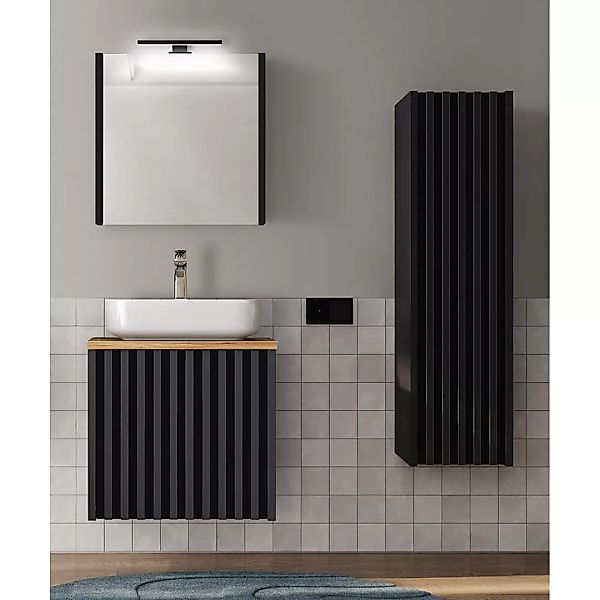 Badmöbel Set mit Waschtisch 60 cm 2 Türen NANTES-107 in schwarz mit Lamelle günstig online kaufen