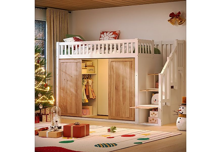 Flieks Hochbett Kinderbett 90x200cm mit LED-Beleuchtung Kleiderschrank Stau günstig online kaufen