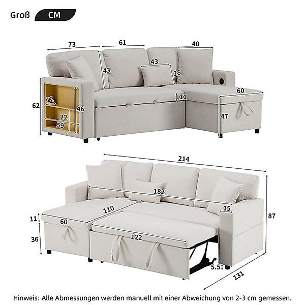 Odikalo 3-Sitzer Couch Wohnzimmer Polstermöbel Sofabett L-Form Umbau Sofa W günstig online kaufen