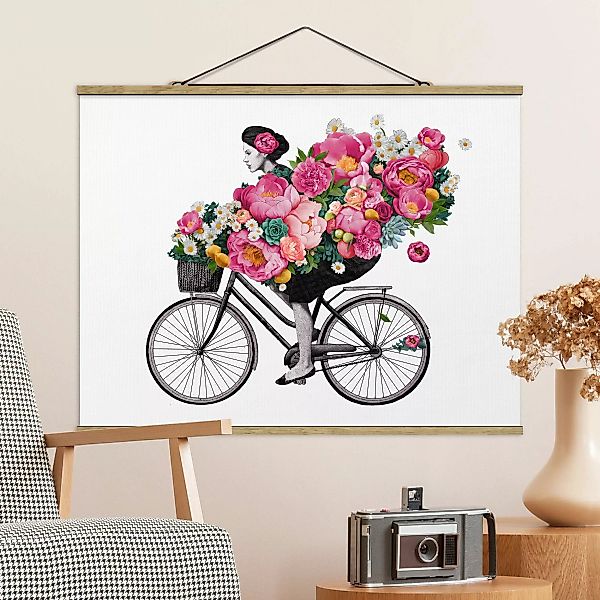 Stoffbild Blumen mit Posterleisten - Querformat Illustration Frau auf Fahrr günstig online kaufen