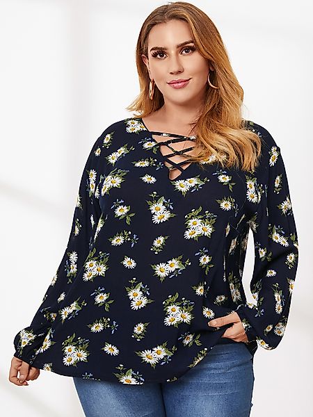 Plus Size Bluse mit V-Ausschnitt und Blumendruck überkreuzten langen Ärmeln günstig online kaufen