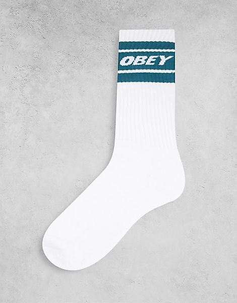 Obey – Cooper II – Weiße Socken mit Markendesign in Blau günstig online kaufen