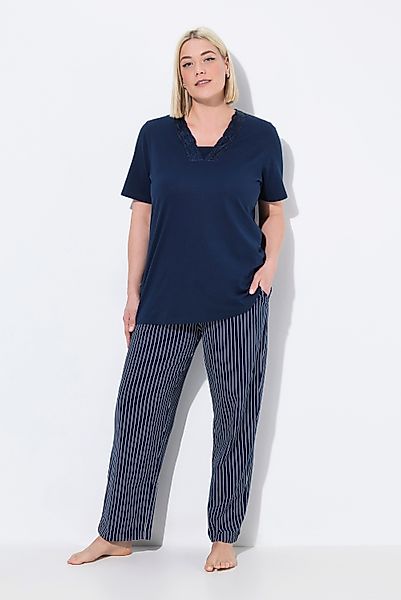 Ulla Popken Pyjama Schlafanzug Streifen V-Ausschnitt günstig online kaufen
