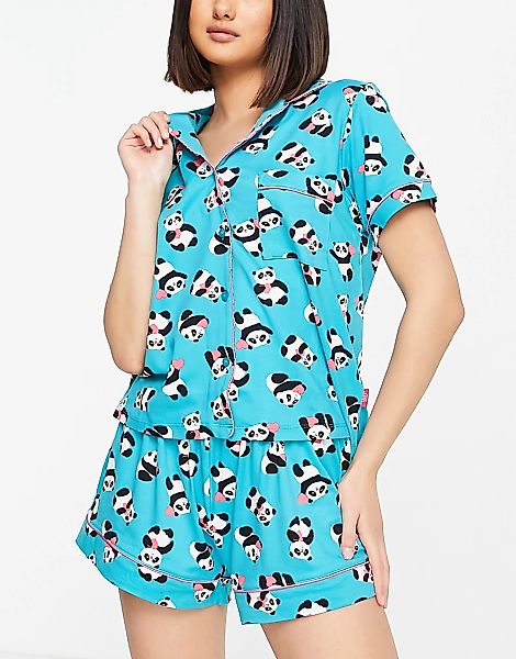 Chelsea Peers – Kurzes Pyjama-Set in Blau mit Knopfleiste und Panda mit Her günstig online kaufen