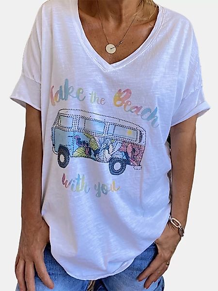 Cartoon Bus Letters Gedrucktes Kurzarm-T-Shirt mit V-Ausschnitt für Damen günstig online kaufen