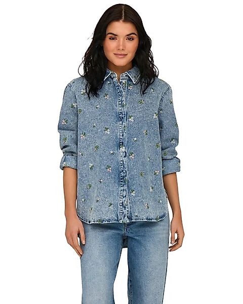 ONLY Jeansbluse Damen Hemdbluse mit floraler Stickerei günstig online kaufen