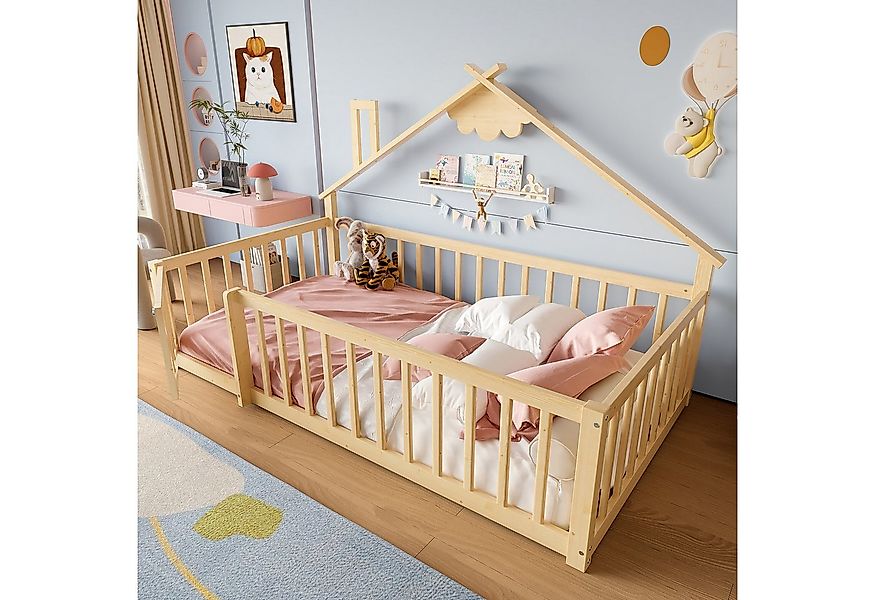 Flieks Kinderbett, Bodenbett Holzbett Hausbett 90x190cm mit Geländer günstig online kaufen