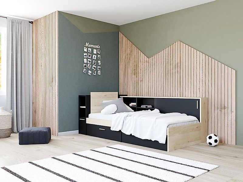 Bett mit Stauraum + Lattenrost - 90 x 190/200 cm - Schwarz & Holzfarben - L günstig online kaufen