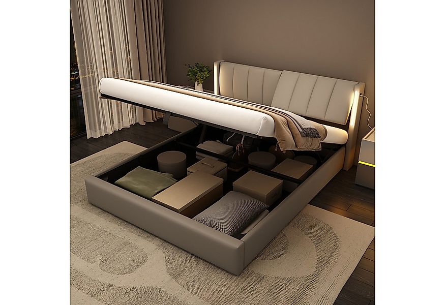 Flieks Polsterbett, LED Stauraumbett Doppelbett mit USB/ Verstellbarem Kopf günstig online kaufen